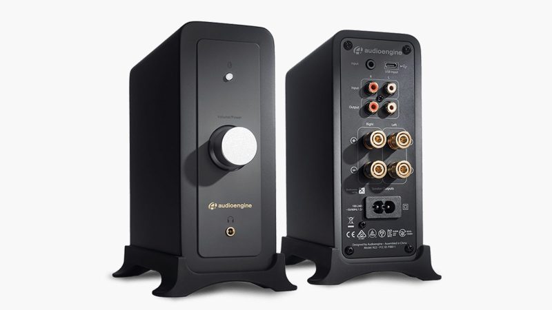Audioengine Stereo Flex Kit featuring P4 passive speakers and N22 desktop amplifier with Bluetooth aptX, headphone amp, 4-ohm impedance, and modern wood or matte finishes.