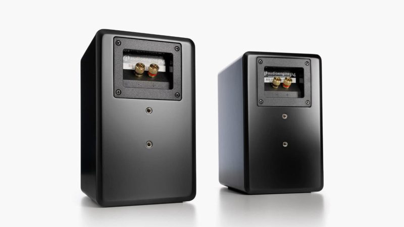 Audioengine Stereo Flex Kit featuring P4 passive speakers and N22 desktop amplifier with Bluetooth aptX, headphone amp, 4-ohm impedance, and modern wood or matte finishes.