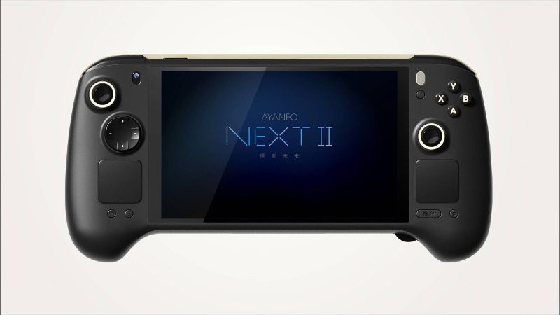 AYANEO NEXT II handheld gaming console with AMD Ryzen AI Max+ 395 processor, 9.06-inch 2400×1504 OLED display, Hall Effect controls, dual-fan cooling, and 115Wh battery.