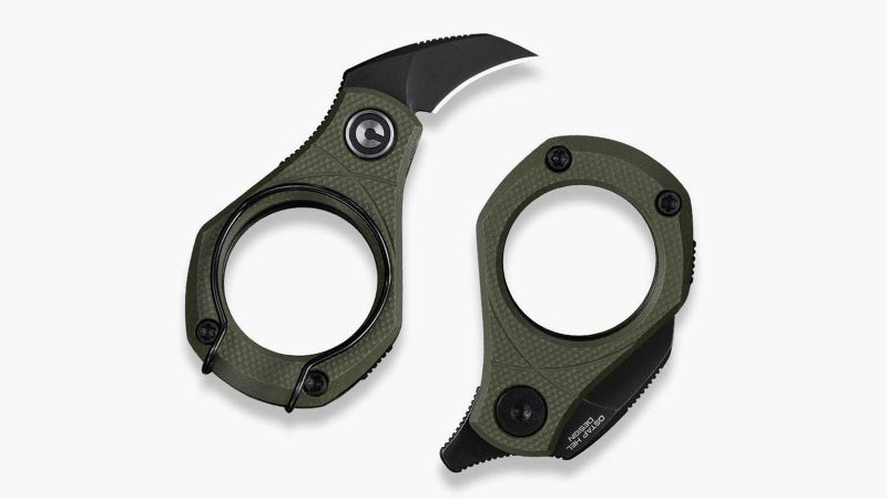 The CIVIVI Pyrus Slip Joint Utility Knife with 14C28N hawkbill blade, G10 ring handle, double-detent mechanism, sliding lock, ceramic bearings, and OD green finish.