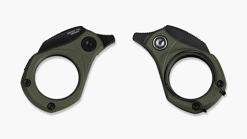 The CIVIVI Pyrus Slip Joint Utility Knife with 14C28N hawkbill blade, G10 ring handle, double-detent mechanism, sliding lock, ceramic bearings, and OD green finish.