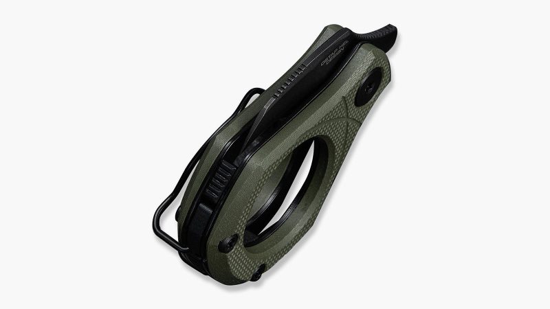 The CIVIVI Pyrus Slip Joint Utility Knife with 14C28N hawkbill blade, G10 ring handle, double-detent mechanism, sliding lock, ceramic bearings, and OD green finish.