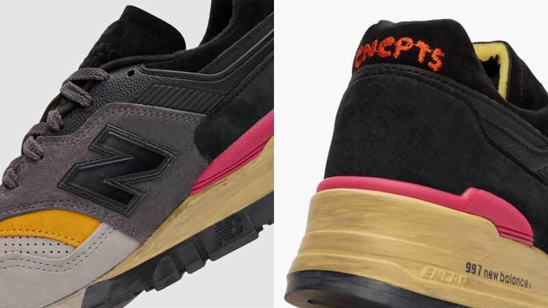 The CNCPTS x New Balance 997 Montage sneaker features layered colors, premium materials, the classic 997 silhouette, and a collaborative design.