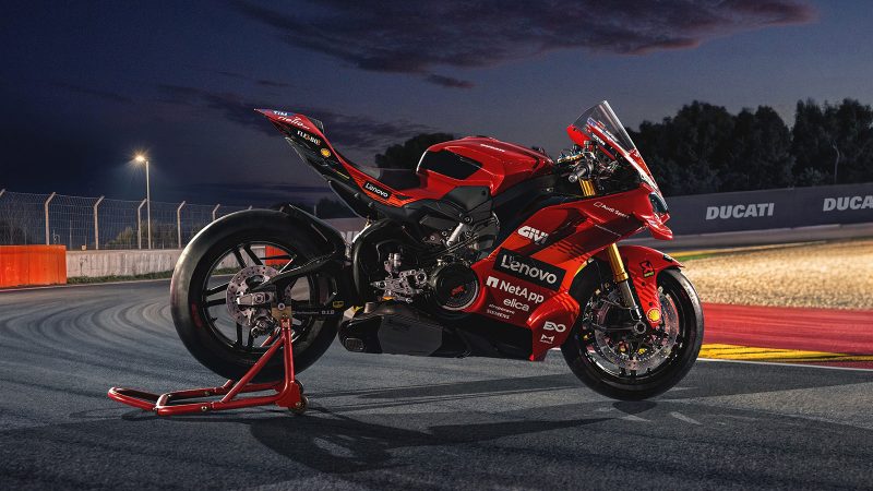 The Ducati Panigale V4 Márquez 2025 World Champion Replica motorcycle with MotoGP-inspired livery, race-spec components, and limited-edition superbike design.