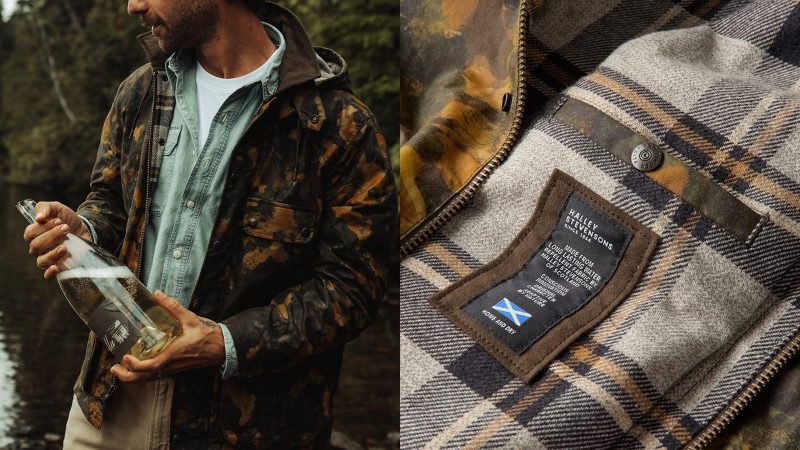 Flint and Tinder’s Flannel-Lined Waxed Hudson Jacket in limited-edition kelp camo featuring Halley Stevensons waxed cotton canvas, flannel lining, removable hood, moleskin trim, and multiple utility pockets.
