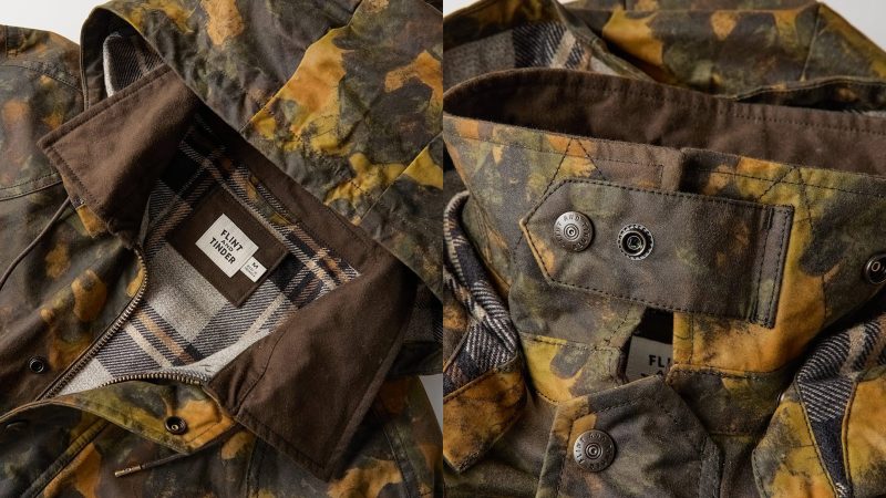Flint and Tinder’s Flannel-Lined Waxed Hudson Jacket in limited-edition kelp camo featuring Halley Stevensons waxed cotton canvas, flannel lining, removable hood, moleskin trim, and multiple utility pockets.