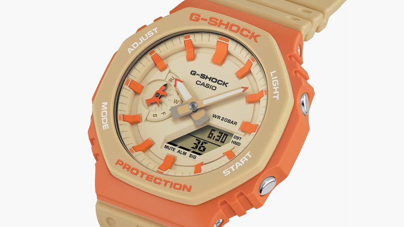 The G-SHOCK 2100 Series GA-2110MK-5A CasiOak watch features shock-resistant construction, an octagonal bezel, and a modern minimalist design.