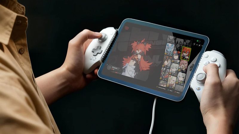 The GameSir G8 Plus MFi mobile controller in grey and black with an iPhone 16 docked, featuring Hall Effect thumbsticks and an extended stretch design.