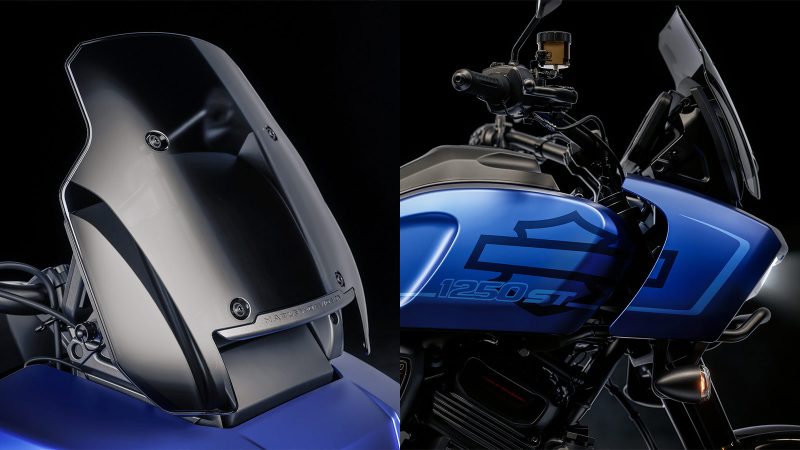 The 2026 Harley-Davidson Pan America 1250 ST motorcycle in Aurora Blue Denim features a blacked-out powertrain, 17-inch cast wheels, and a low smoked windshield.