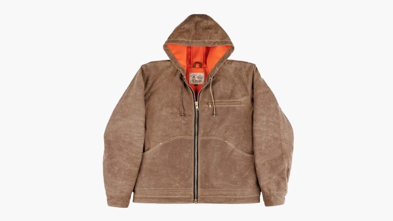Heat Straps Heavy Hooded Workhorse V12 jacket in brush brown waxed canvas with wool lining, American-made heritage workwear built for cold weather.