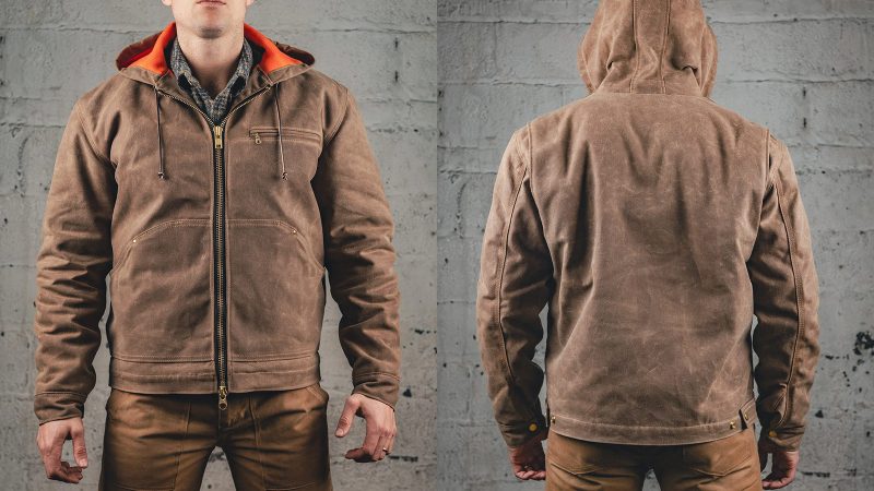 Heat Straps Heavy Hooded Workhorse V12 jacket in brush brown waxed canvas with wool lining, American-made heritage workwear built for cold weather.