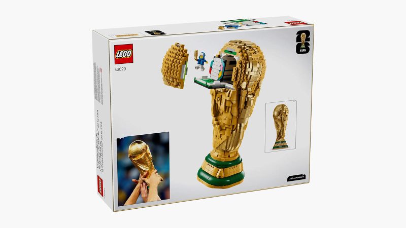 LEGO FIFA World Cup Official Trophy set featuring a brick-built gold trophy design, collectible display model for football fans and LEGO enthusiasts.