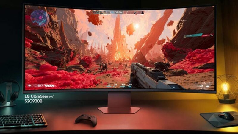The LG UltraGear evo gaming monitors feature a slim OLED panel, vibrant RGB hexagonal backlighting, and a high-performance minimalist stand.