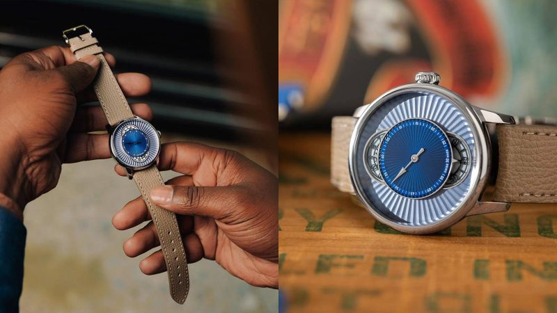 The Louis Erard x Worn & Wound Le Régulateur watch features a layered blue regulator dial, a polished steel case, Swiss automatic movement, and is a limited edition.