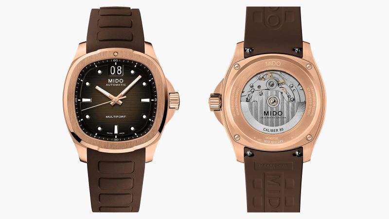 The MIDO Multifort TV Big Date watch features a retro TV-shaped case, a Big Date complication at 12 o’clock, a Caliber 80 automatic movement, and a Nivachron balance spring.