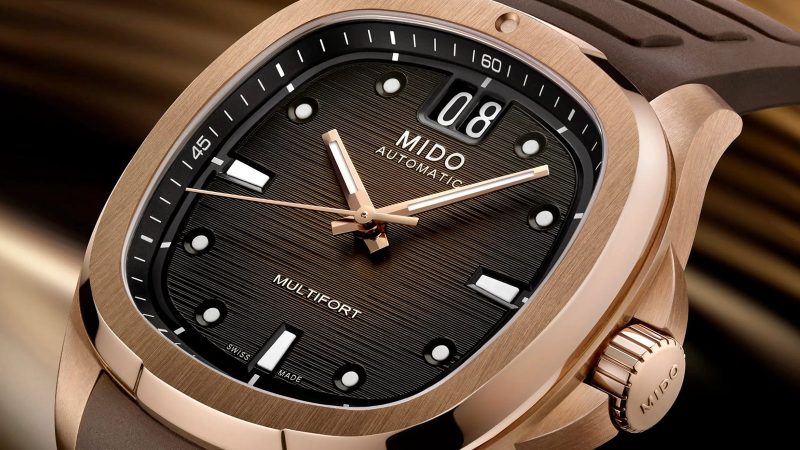 The MIDO Multifort TV Big Date watch features a retro TV-shaped case, a Big Date complication at 12 o’clock, a Caliber 80 automatic movement, and a Nivachron balance spring.