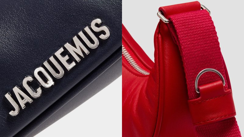 The Nike x Jacquemus Le Swoosh Crossbody Bag in premium leather shaped like the Nike logo with a silver-tone adjustable webbed shoulder strap.