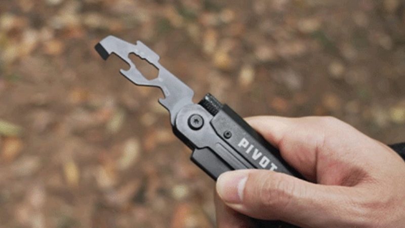 The Pivot X illuminated 8-tool carabiner multi-tool features a 90-degree pivoting pry bar, adjustable wrench, and tungsten steel glass breaker.