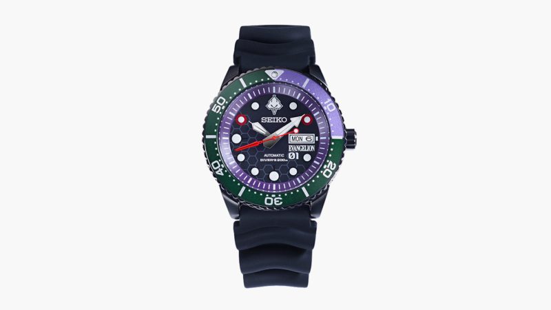 The Seiko x RADIO EVA-01 Diver’s Watch in purple and green with a Spear of Longinus second hand and EVA-01 mecha-inspired dial markers.