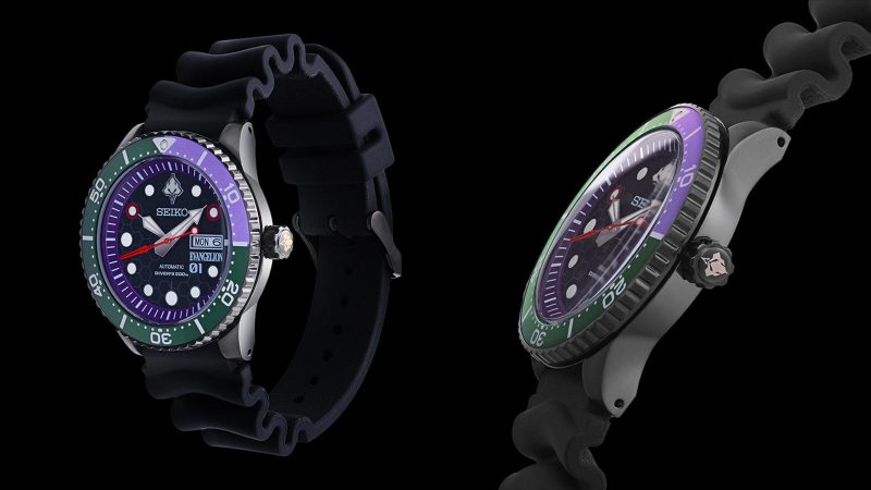 The Seiko x RADIO EVA-01 Diver’s Watch in purple and green with a Spear of Longinus second hand and EVA-01 mecha-inspired dial markers.