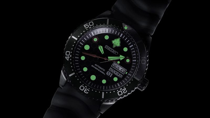 The Seiko x RADIO EVA-01 Diver’s Watch in purple and green with a Spear of Longinus second hand and EVA-01 mecha-inspired dial markers.
