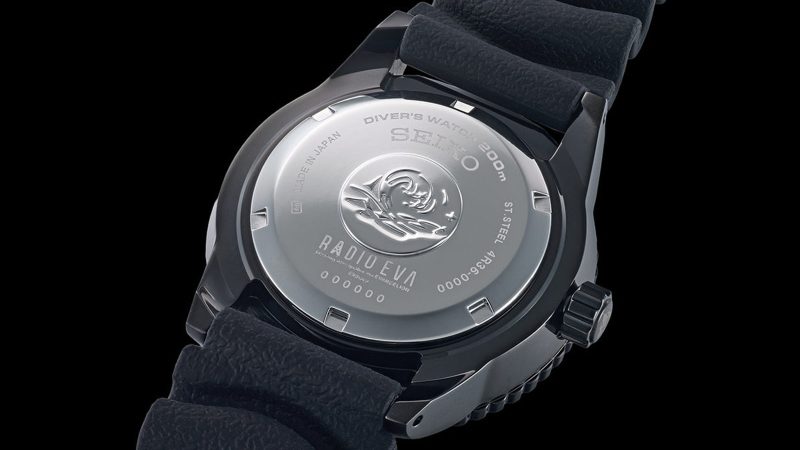 The Seiko x RADIO EVA-01 Diver’s Watch in purple and green with a Spear of Longinus second hand and EVA-01 mecha-inspired dial markers.