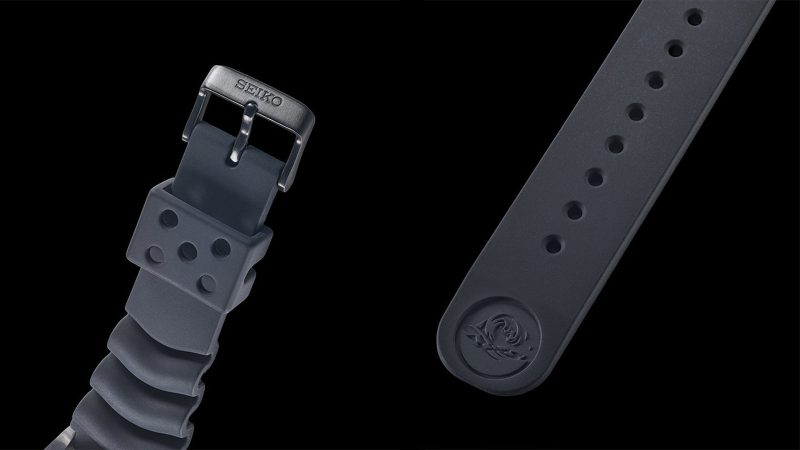 The Seiko x RADIO EVA-01 Diver’s Watch in purple and green with a Spear of Longinus second hand and EVA-01 mecha-inspired dial markers.