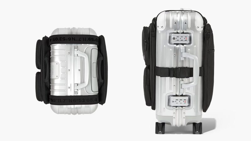 The RIMOWA Cabin Luggage Harness Backpack in recycled nylon with adjustable suitcase straps, hidden shoulder straps, dual laptop pockets, and modular travel organization.
