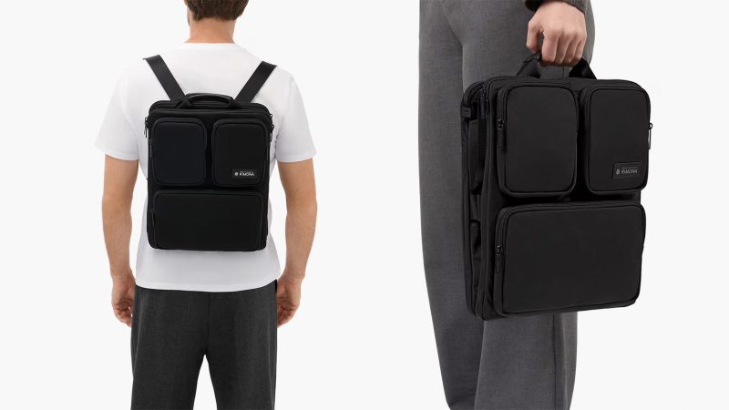 The RIMOWA Cabin Luggage Harness Backpack in recycled nylon with adjustable suitcase straps, hidden shoulder straps, dual laptop pockets, and modular travel organization.
