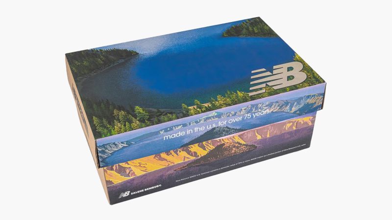 The Salehe Bembury x New Balance 992 Made in USA sneaker features hairy green suede, blue mesh panels, a yellow "N" logo, and a custom lakeside-themed box.