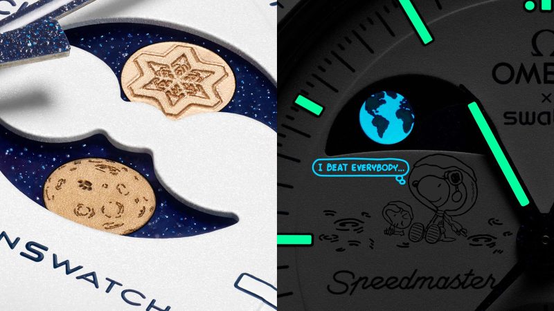 Swatch Mission to Earthphase Moonshine Gold Cold Moon Bioceramic chronograph with UV-glowing Earthphase, Snoopy moon illustration, Moonshine™ Gold moonphase, white opaline dial, and Super-LumiNova markers.