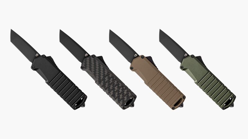 The TEKTO A2 Badger tactical folding knife with a black titanium-coated D2 steel blade and a lightweight carbon fiber handle.