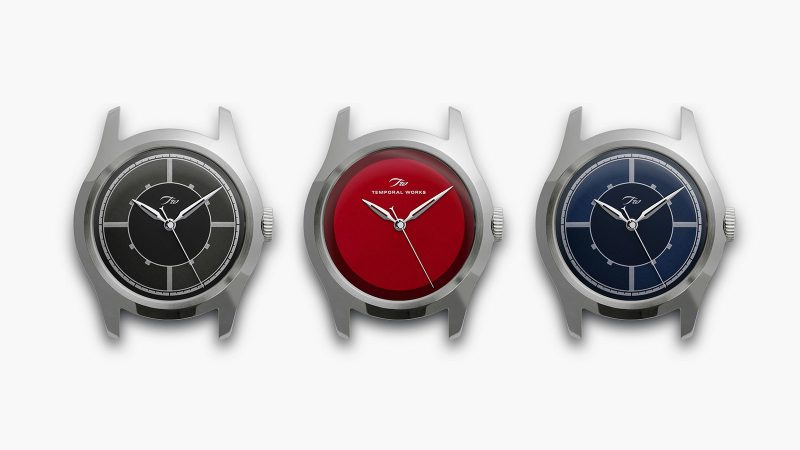 Temporal Works’ Series A watch with a 37mm stainless monobloc case, Zaratsu polishing, sector and red lacquer dials, nib-style hands, Jean Rousseau strap.