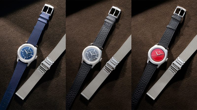 Temporal Works’ Series A watch with a 37mm stainless monobloc case, Zaratsu polishing, sector and red lacquer dials, nib-style hands, Jean Rousseau strap.