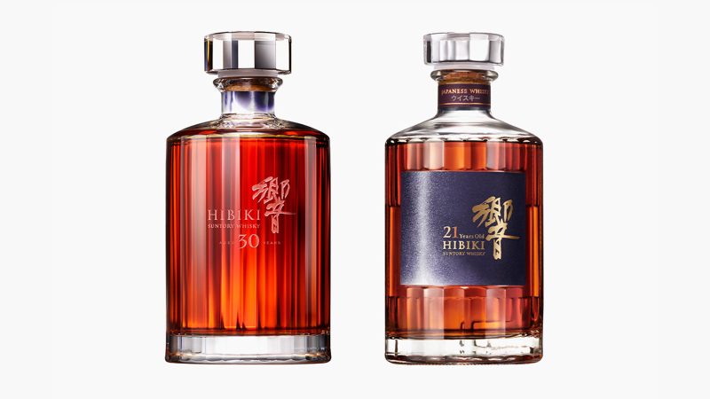 Hibiki 21 Year Old and 30 Year Old Japanese whisky bottles by the House of Suntory, ultra-aged premium whisky with refined Japanese craftsmanship.