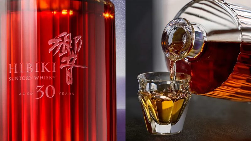 Hibiki 21 Year Old and 30 Year Old Japanese whisky bottles by the House of Suntory, ultra-aged premium whisky with refined Japanese craftsmanship.