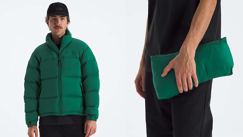 The North Face Dye to Match collection features tonal Nuptse puffer jackets, Denali fleeces, and street-ready hoodies in monochromatic black, blue, and green.
