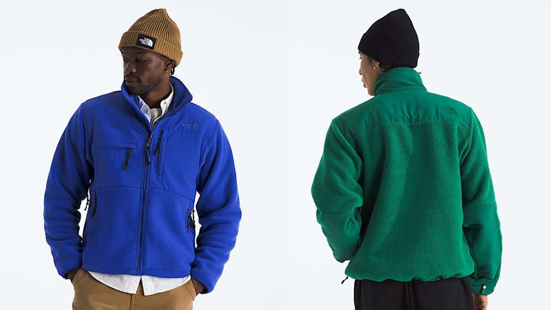 The North Face Dye to Match collection features tonal Nuptse puffer jackets, Denali fleeces, and street-ready hoodies in monochromatic black, blue, and green.