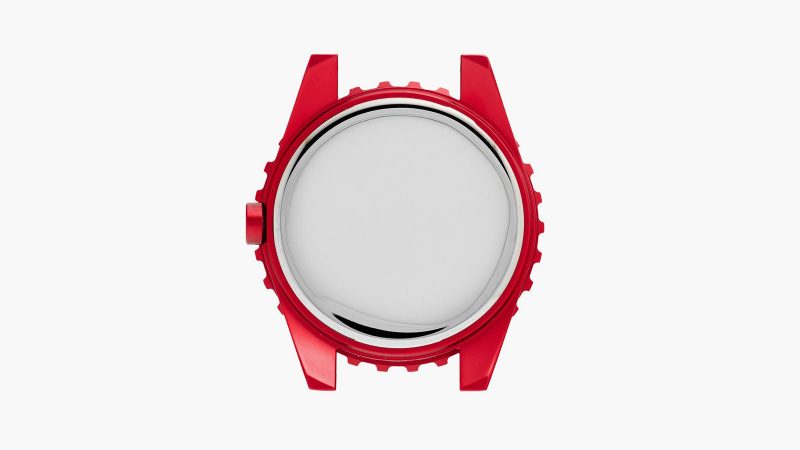 The Parchie Lunar-Time Limited Edition for Hodinkee is a space-inspired watch with a red aluminum case, a white dial, a Velcro strap, and available in 32mm and 36mm sizes.