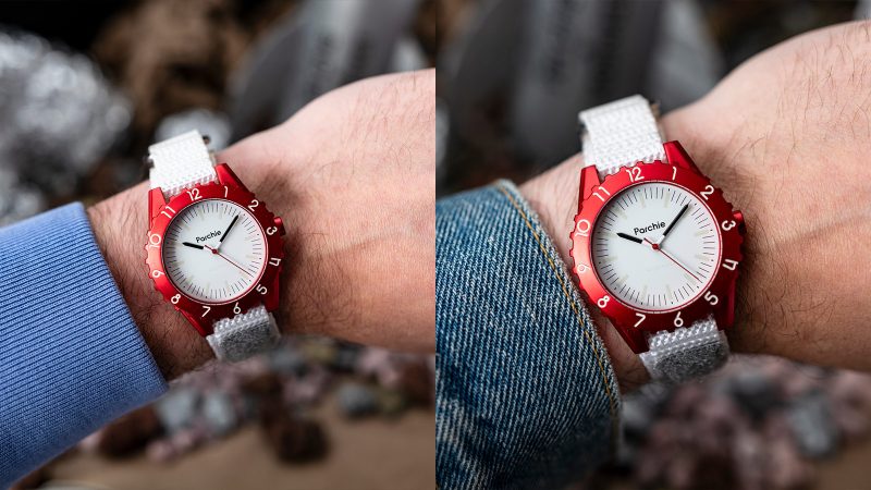 The Parchie Lunar-Time Limited Edition for Hodinkee is a space-inspired watch with a red aluminum case, a white dial, a Velcro strap, and available in 32mm and 36mm sizes.