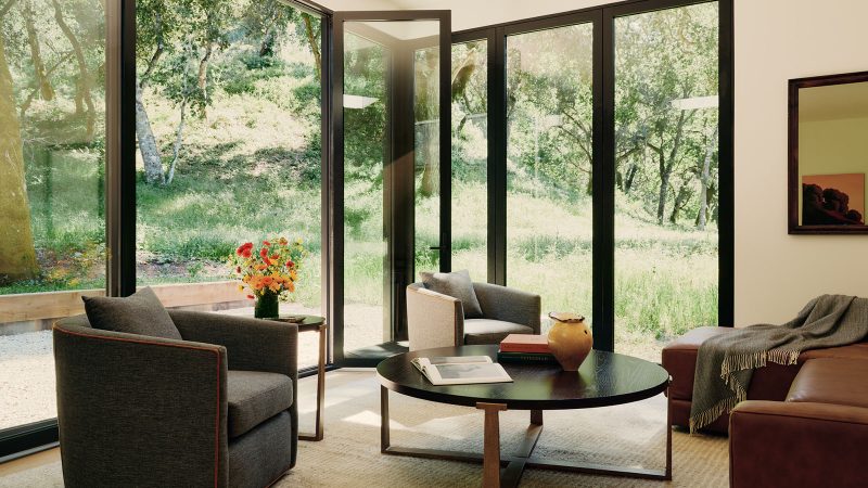 The Preserve I Home by Studio Schicketanz features modern modular architecture nestled between mature oak trees in a California meadow conservancy.