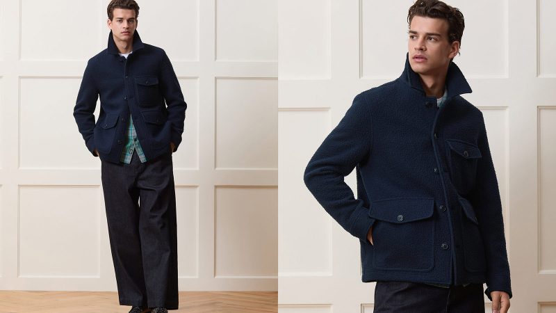 Todd Snyder’s Italian Casentino Upland Coat in Tuscan wool with vintage hunting-inspired pockets, point collar, and rugged mid-thigh silhouette.