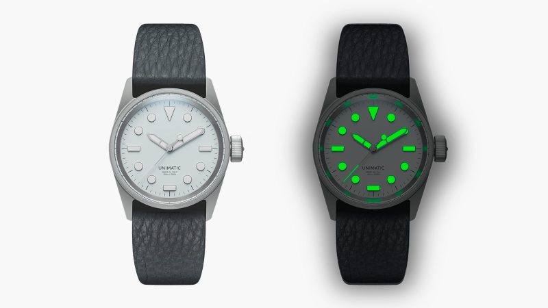 The UNIMATIC Italian Alps Collection watches with Alpine Sky Blue and Glacier White dials, 3D UNILIGHT lume markers, fumo deer leather straps, and 316L steel cases.