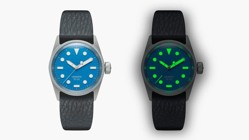 The UNIMATIC Italian Alps Collection watches with Alpine Sky Blue and Glacier White dials, 3D UNILIGHT lume markers, fumo deer leather straps, and 316L steel cases.