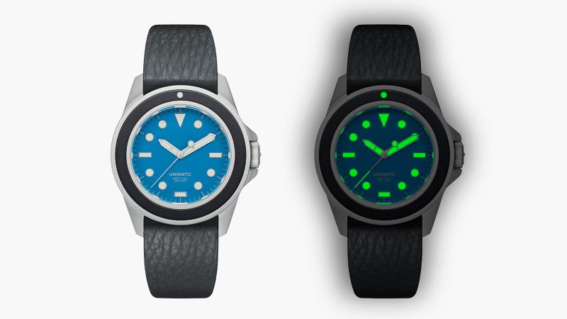 The UNIMATIC Italian Alps Collection watches with Alpine Sky Blue and Glacier White dials, 3D UNILIGHT lume markers, fumo deer leather straps, and 316L steel cases.