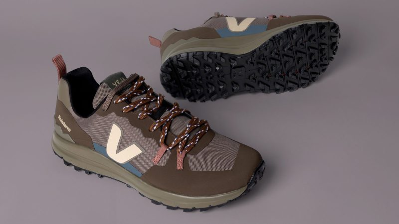 VEJA + Finisterre Fitz Roy Trail Shoe in a rugged olive and black colorway featuring recycled polyester uppers and multidirectional rubber lugs.