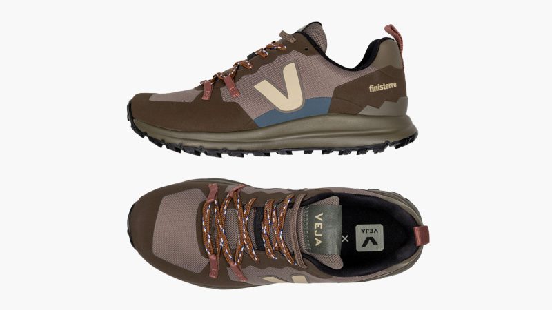 VEJA + Finisterre Fitz Roy Trail Shoe in a rugged olive and black colorway featuring recycled polyester uppers and multidirectional rubber lugs.