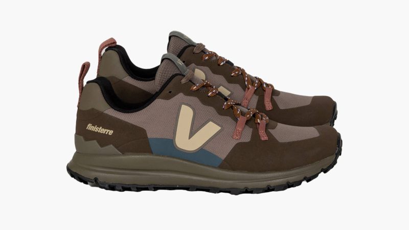 VEJA + Finisterre Fitz Roy Trail Shoe in a rugged olive and black colorway featuring recycled polyester uppers and multidirectional rubber lugs.