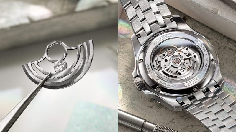 The Venezianico Nereide Opale watch features a shimmering iridescent lab-grown opal dial, gray tungsten bezel, and 42mm stainless steel case.