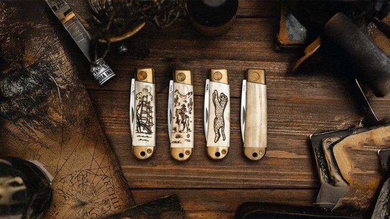 WESN’s Scrimshaw Henry knife Collectionwith brass hardware, ox bone scales, and custom engraving kit for personalized EDC craftsmanship and heritage design.